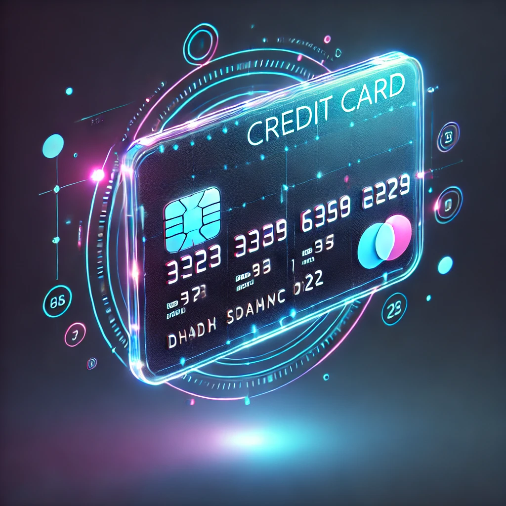 DALL·E 2024-08-26 15.43.52 - A creative concept image of a futuristic credit card with holographic elements, floating in mid-air. The card should have a transparent section and gl