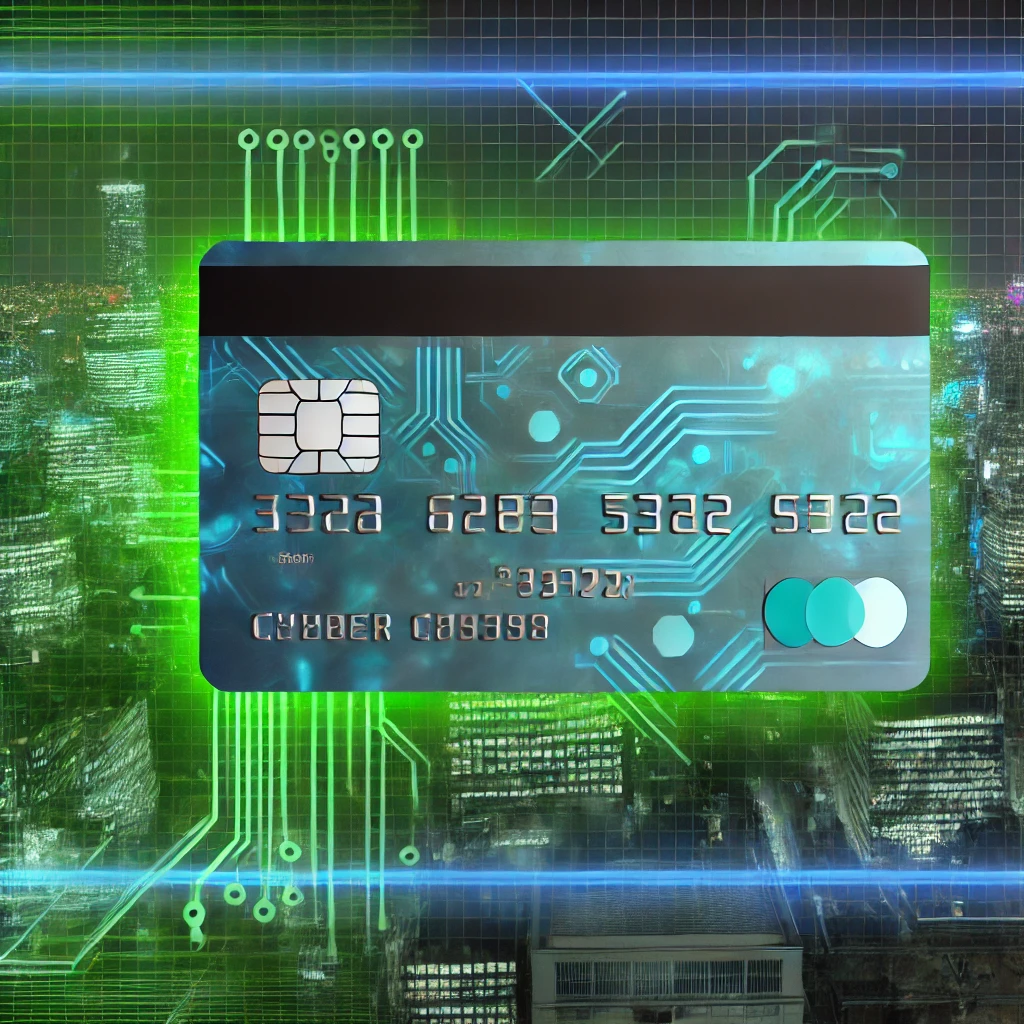 DALL·E 2024-08-26 15.44.53 - A cyberpunk-style image featuring a futuristic credit card with subtle green digital elements, set against a high-tech cityscape background. The card